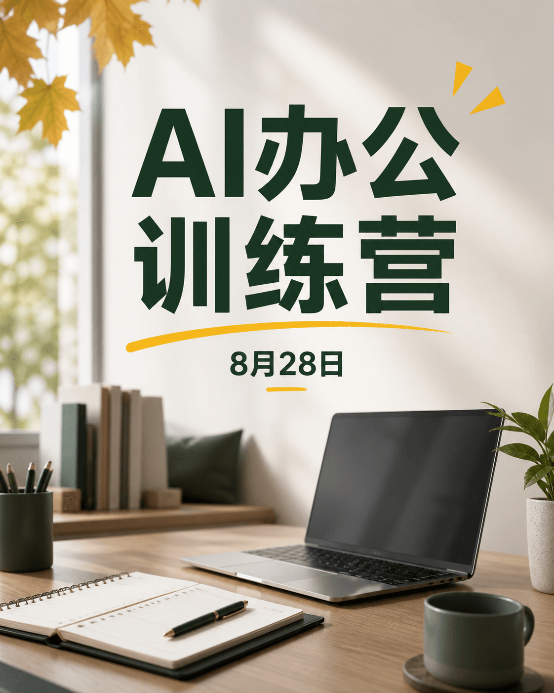 中文活动海报提示词的实际生成效果，标题为AI办公训练营，日期为8月28日